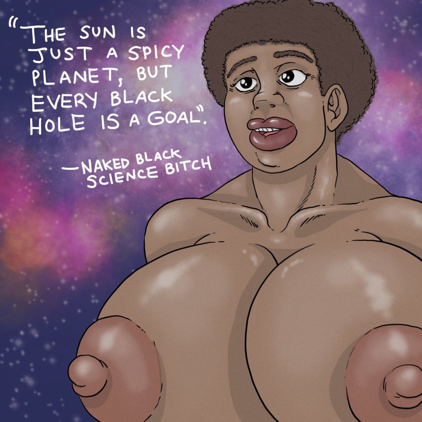 afro bbw black_eyes black_female blastorman brown_hair chubby cleavage dark-skinned_female dark_skin english_text huge_breasts neil_degrasse_tyson nipples parody rule_63 space stars text thick thick_lips