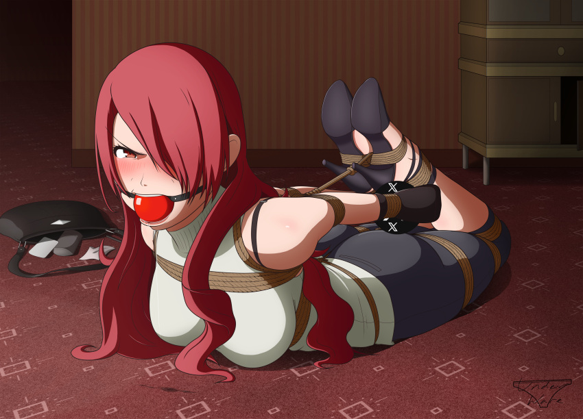 1girls ass bag ball_gag bondage bondage_mittens bra_strap breasts clothed_female female female_only femsub gag hair_over_one_eye high_heels hogtie jeans large_breasts long_hair mitsuru_kirijo on_stomach persona persona_3 red_eyes red_hair rope rope_bondage shirt solo underware white_shirt