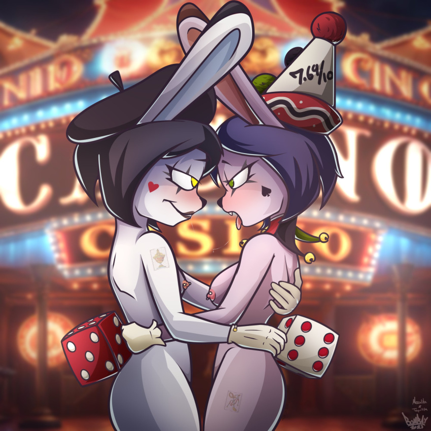 2girls anthro arm_tattoo beret bodily_fluids bombay_(artist) clothing female female/female female_focus female_only fool's_hat hat headgear headwear hi_res incest jester lagomorph leg_tattoo leporid making_out mammal mexcalita mime nipple_piercing nipples piercing rabbit saliva saliva_string sibling tattoo tequilita too twins yuri