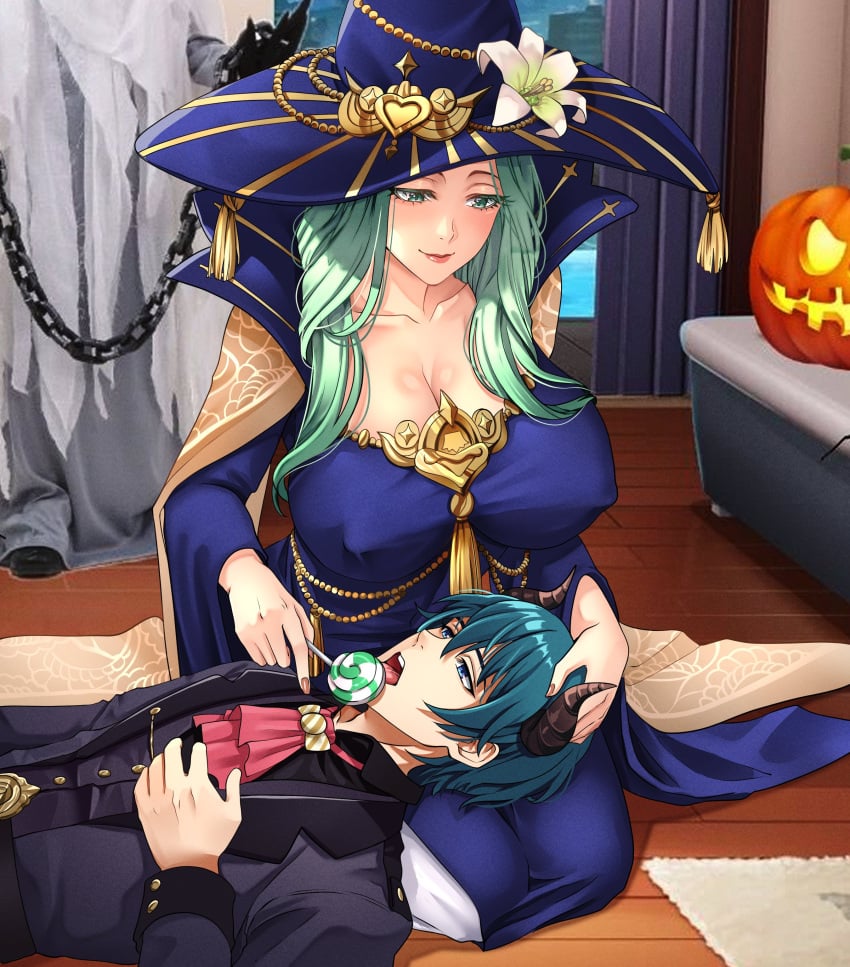 1boy 1girls absurdres alternate_costume blue_hair breasts byleth_(fire_emblem) byleth_(fire_emblem)_(male) byleth_(male)_(halloween)_(fire_emblem) candy chains cleavage commentary commission covered_nipples english_commentary feeding female fire_emblem fire_emblem:_three_houses fire_emblem_heroes food green_hair halloween halloween_costume hat highres indoors jack-o'-lantern kerana_art lap_pillow large_breasts lollipop male mature_female nintendo official_alternate_costume pumpkin rhea_(fire_emblem) rhea_(halloween)_(fire_emblem) seiza sitting smile witch witch_hat wooden_floor