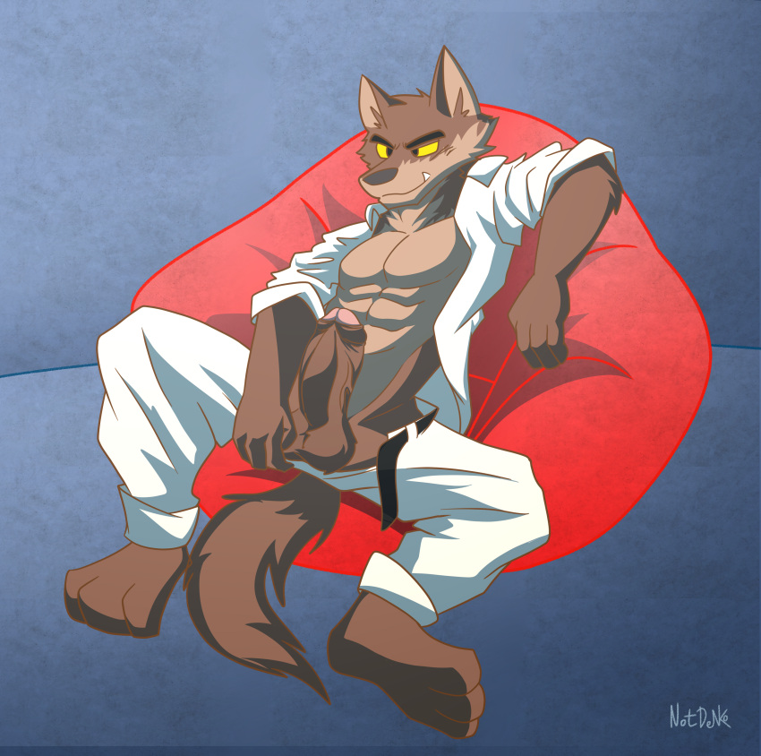 abs absurd_res anthro big_penis canid canine canis clothed clothing dreamworks genitals hi_res male mammal mr._wolf_(the_bad_guys) muscular muscular_male not_denko open_clothing open_shirt open_topwear pecs penis shirt solo the_bad_guys topwear wolf