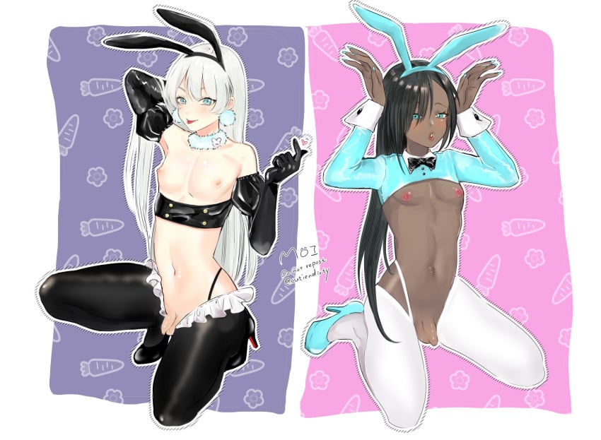 2boys animal_ears aqua_eyes aqua_footwear aqua_shirt arm_up armpits artist_initials artist_name balls ballsack bare_shoulders black_footwear black_hair black_pantyhose blue_eyes border collarbone crossdressing crotchless crotchless_pantyhose cutiendirty dark-skinned_femboy dark-skinned_male dark_skin dated detached_sleeves earrings fake_animal_ears femboy flaccid_penis foreskin fur_choker girly hair_over_one_eye highres human intact jewelry juliet_sleeves kneeling light-skinned_femboy light-skinned_male light_skin long_foreskin long_hair_male long_sleeves looking_at_viewer male male_nipples male_only male_playboy_bunny meme_attire navel on_ground original otoko_no_ko panties pantyhose parted_bangs penis penis_out pink_background puffy_chest puffy_sleeves purple_background rabbit_ears reverse_bunnysuit reverse_outfit scrotum shaved_crotch shirt shrug_(clothing) sitting smooth_penis smooth_skinned_male stomach testicles tongue tongue_out trap twitter_username uncensored uncut underwear unretracted_foreskin wariza white_border white_hair white_panties