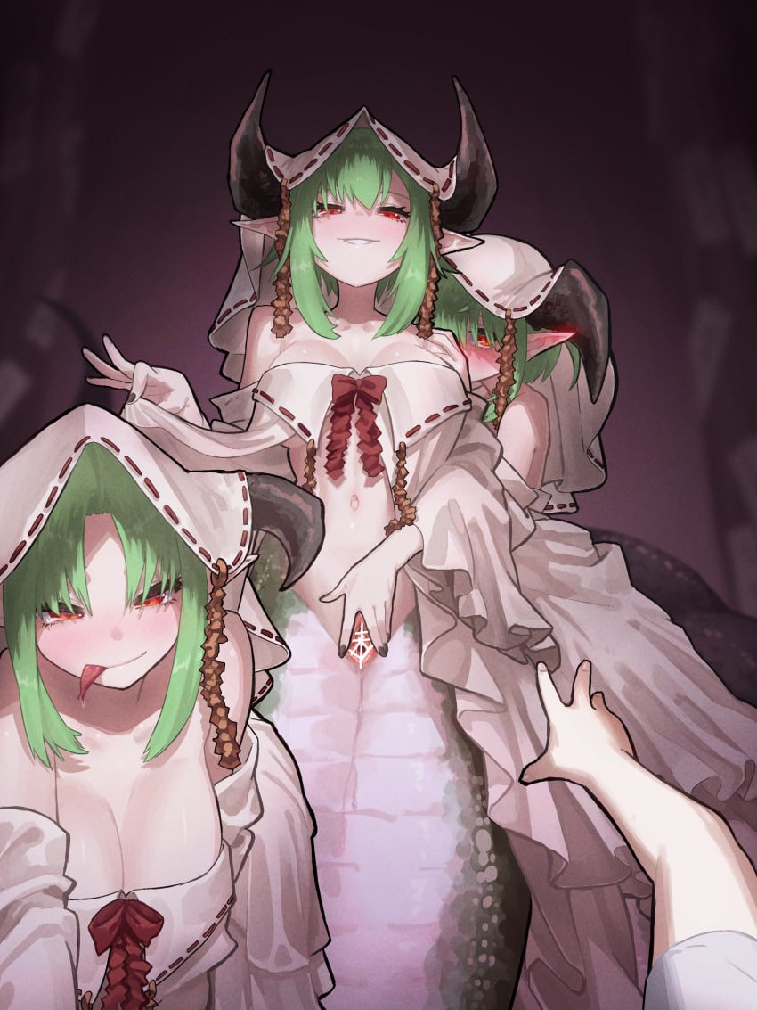 1other 3girls absurdres bare_shoulders black_nails blush breasts censor_bar censored cleavage commentary_request commission ekrea_jan female female_only green_hair grin hair_between_eyes hair_over_one_eye hiding hiding_behind_another highres hydra lamia large_breasts lifted_by_self looking_at_viewer monster_girl multiple_girls navel original pointy_ears pov pussy red_eyes saliva_drip scales shirt shy skeb_commission smile spread_pussy tongue tongue_out white_shirt