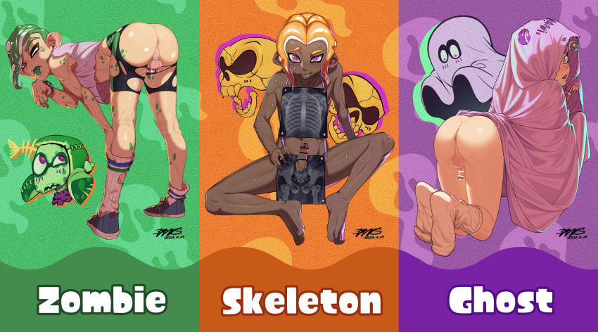 3boys all_fours anus ass balls barefoot bent_over censor_bar censored censored_penis chastity_cage cloth clothing costume dangisjust dark-skinned_male dark_skin drooling femboy feminine_male gay ghost ghost_boy halloween light-skinned_male light_skin looking_at_viewer male male_only octoling octoling_boy painted_nails partially_clothed penis ripped_clothing shorts sitting skeleton skull small_penis socks splatfest splatoon spread_legs team_ghost_(splatfest) team_skeleton_(splatfest) team_zombie_(splatfest) thighs twink x-ray zombie