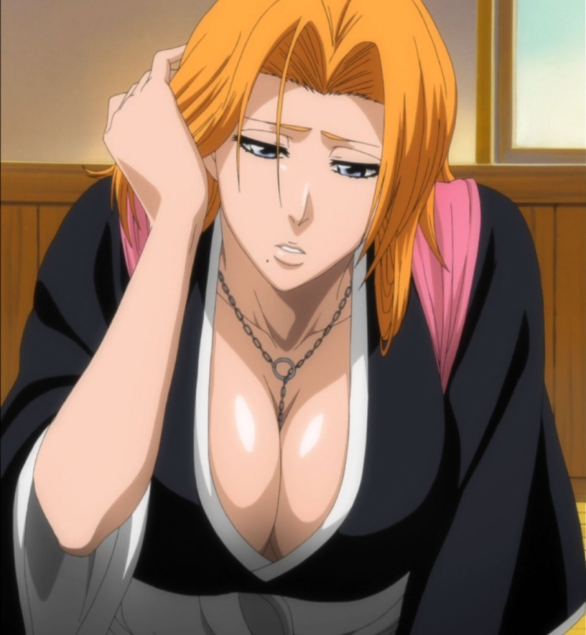 1girls 2d anime big_breasts black_clothing black_necklace bleach blue_eyes breasts breasts_focus cleavage clueless female female_only hand_on_table huge_boobs huge_breasts japanese_clothes japanese_clothing kimono looking_down matsumoto_rangiku moving_hair official_copyright orange_hair pink_clothing showing_breasts showing_off showing_off_breasts