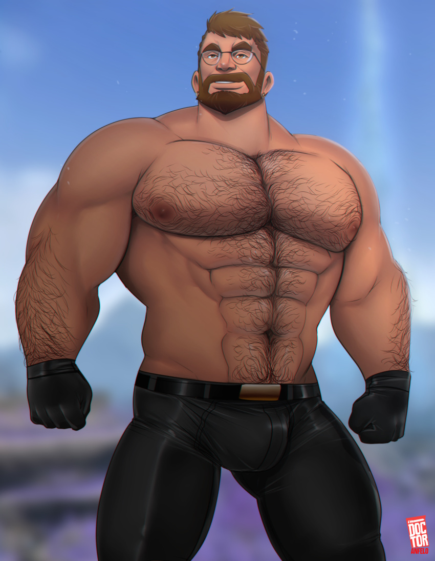 balls bara beard body_hair bulge doctor_anfelo facial_hair final_fantasy final_fantasy_xiv glasses gloves male male_only muscles muscular pants penis roegadyn shirtless solo solo_male