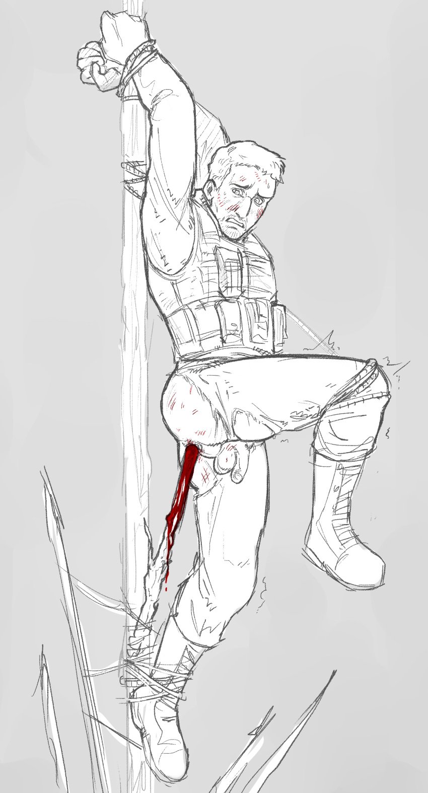 anal bleeding blood gay gore hanging impalement kelvin_(sons_of_the_forest) male military nonconsensual pillar rape sons_of_the_forest stick tied_up torn_clothes uniform