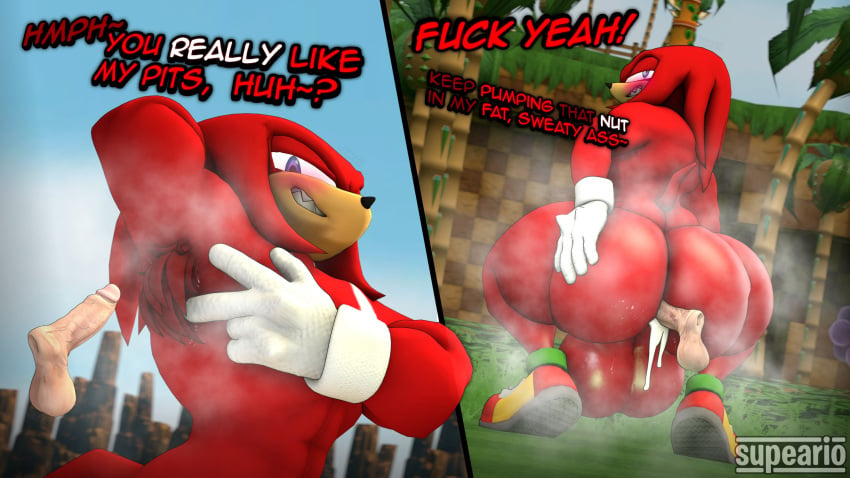 3d 3d_(artwork) anal anthro armpit_fetish armpit_hair armpits ass ass_focus big_ass big_butt bubble_ass bubble_butt cum echidna gay huge_ass huge_butt knuckles_the_echidna male_only muscular musk musky_armpit musky_butt sega sonic_(series) sonic_the_hedgehog_(series) supeario text