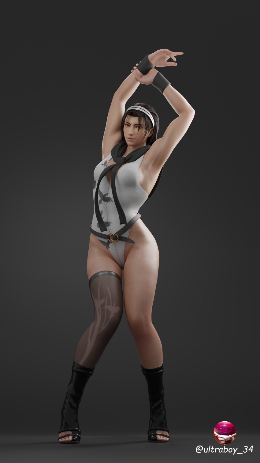 1girls 3d armpits arms_up bandai_namco black_hair clothed female female_only human jun_kazama kazama_jun kotobukiya_bishoujo milf posing simple_background swimsuit tekken tekken_8 ultraboy34