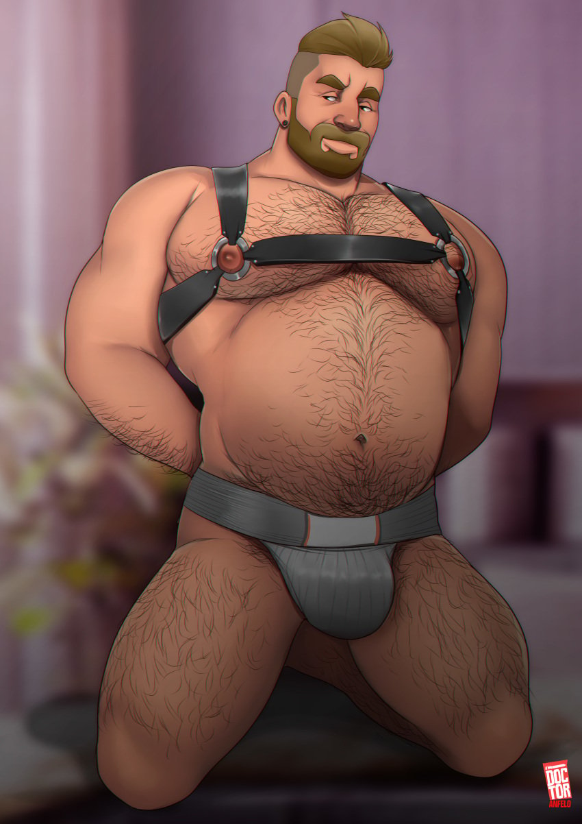 balls bara beard belly body_hair bulge doctor_anfelo facial_hair hairy hairy_arms hairy_belly hairy_chest hairy_legs hairy_male hands_behind_back harness kneeling male male_only musclegut muscles muscular muscular_male nipples on_knees penis solo solo_male underwear