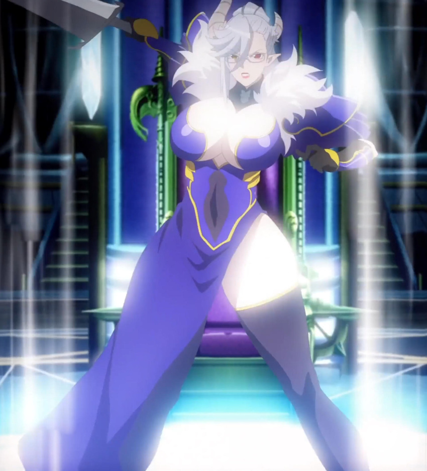 1girls 2017 anime_screencap belial_(nanatsu_no_taizai) breasts clothing demon_girl demon_horns glasses horns large_breasts mature_female monster_girl pointy_ears screencap screenshot sin_nanatsu_no_taizai thick_thighs thighhighs thighs thunder_thighs tnk_(company) white_hair