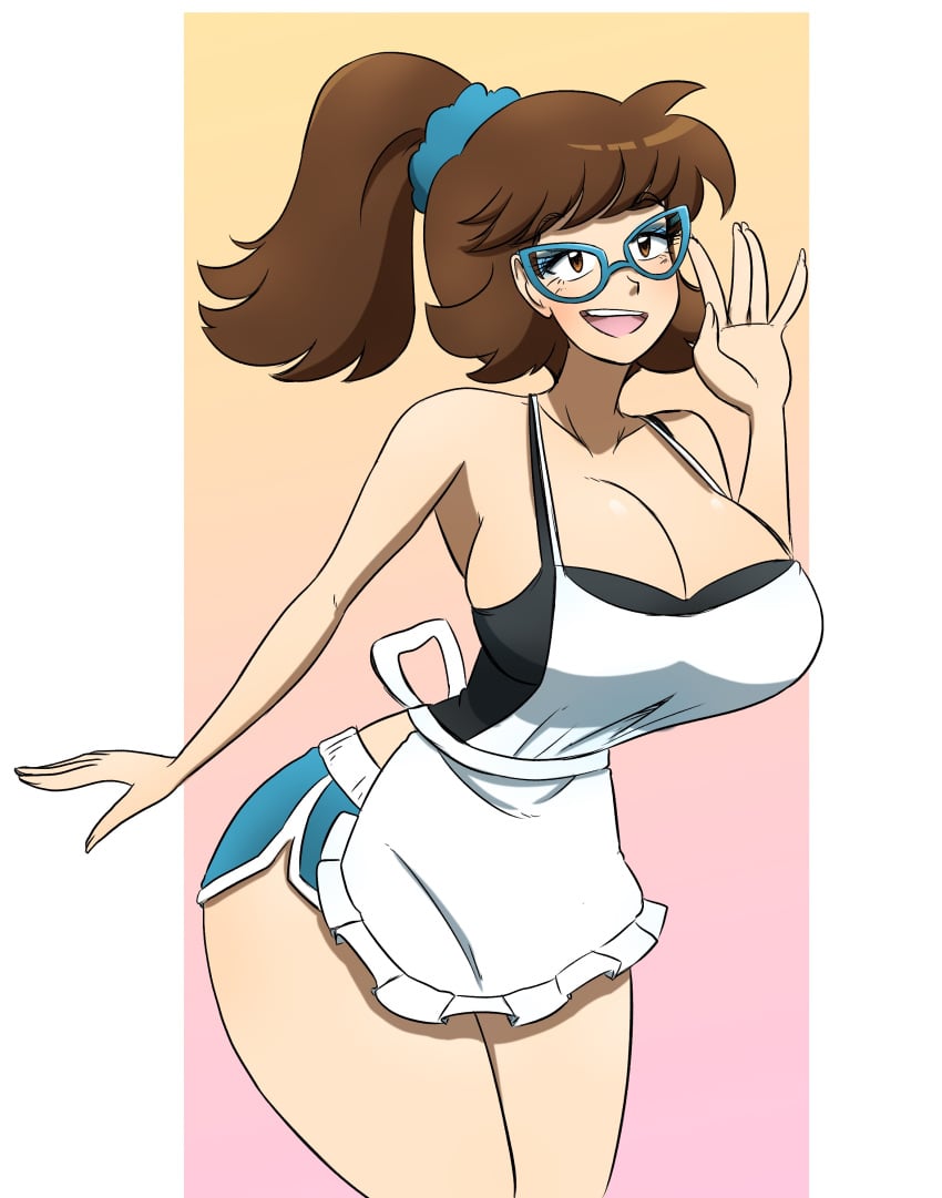 apron breasts brown_eyes brown_hair cleavage emie_(kobi) glasses kobi-tfs large_ass large_breasts looking_at_viewer pony short_shorts smiling_at_viewer