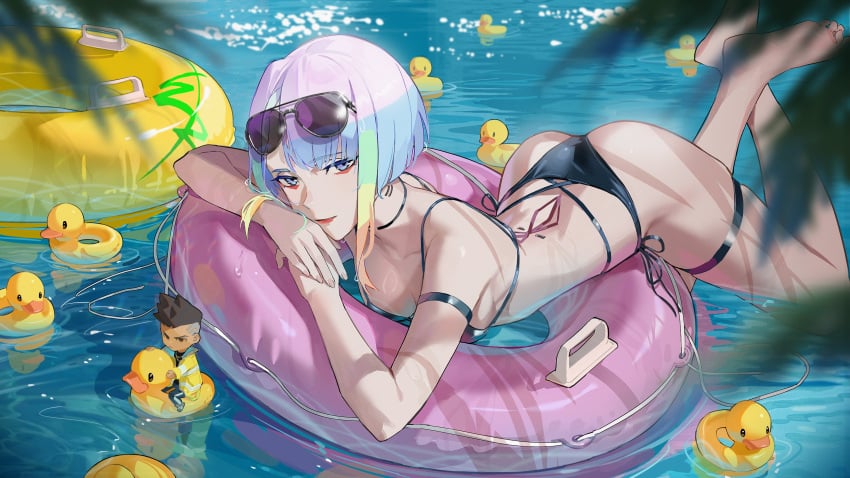 1girls 2d asian asian_female beach big_ass bikini cd_projekt_red cyberpunk:_edgerunners david_martinez_(edgerunners) eyewear eyewear_on_head female female_only light-skinned_female light_skinned_female looking_at_viewer looking_up lucyna_kushinada medium_breasts mumei_(artist) partially_clothed rubber_duck studio_trigger sunglasses sunglasses_on_head thick thick_ass thick_thighs thighs wet wholesome