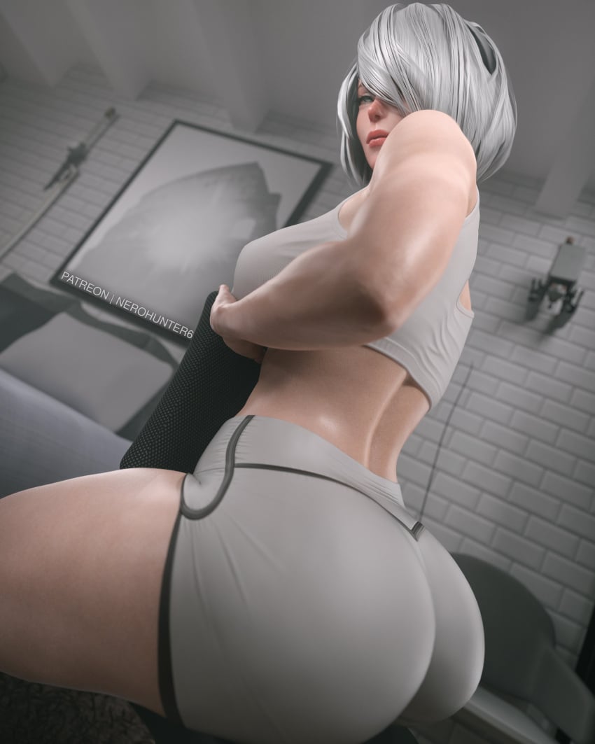 1girls 3d abs ass big_ass big_breasts breasts female female_only large_breasts looking_at_viewer looking_back nerohunter6 nier nier:_automata nier_(series) nipple_piercing nude nude_female pierced_nipples shorts solo sports_bra thick_thighs thong_only white_hair yorha_2b