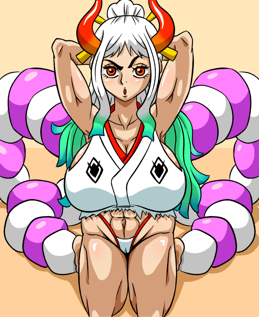 armpits arms_up big_breasts female female_only huge_breasts one_piece ripped_clothing superspacewarrior thong white_hair yamato_(one_piece)