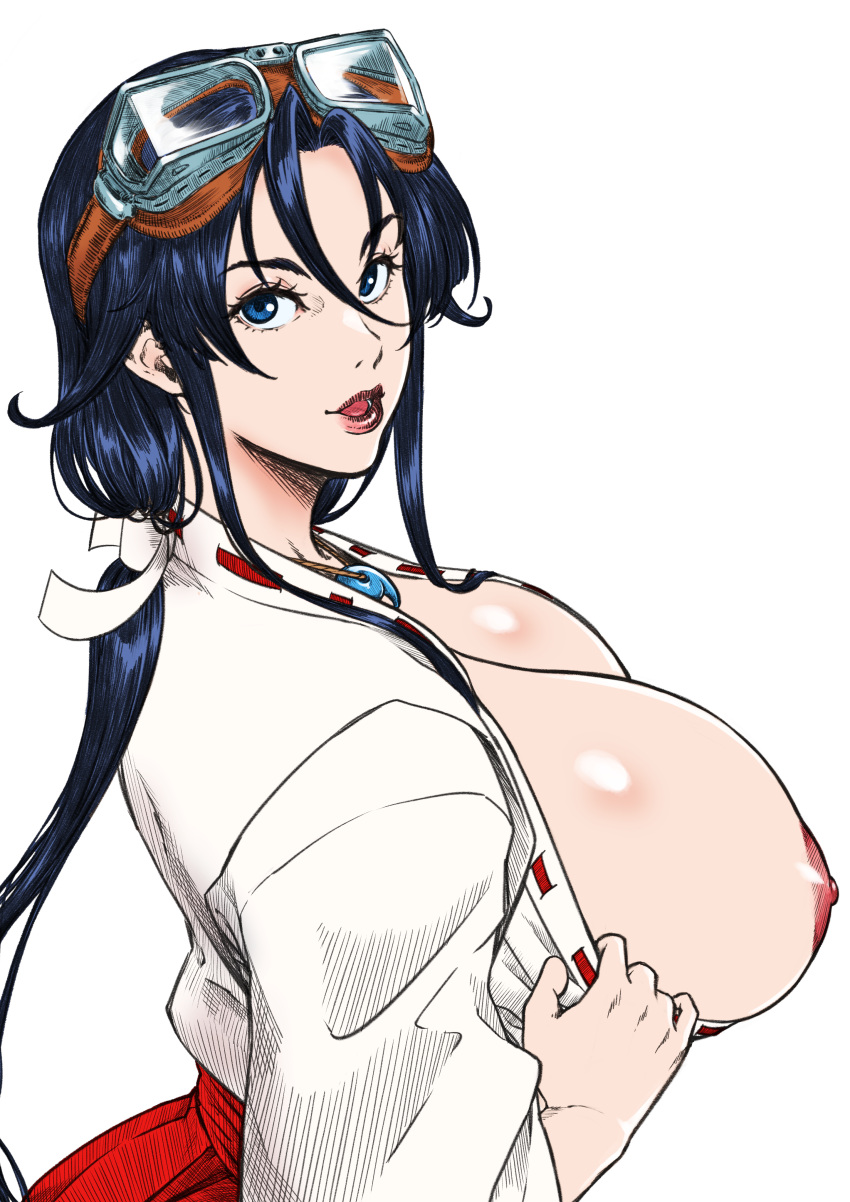 1girls big_breasts blue_eyes blue_hair breasts busty curvaceous curvy curvy_body curvy_female curvy_figure dark_blue_hair female goggles goggles_on_head huge_breasts kyugata large_breasts miko miko_outfit nipples sengoku_ace sengoku_cannon shrine_maiden togashi_koyori voluptuous white_background