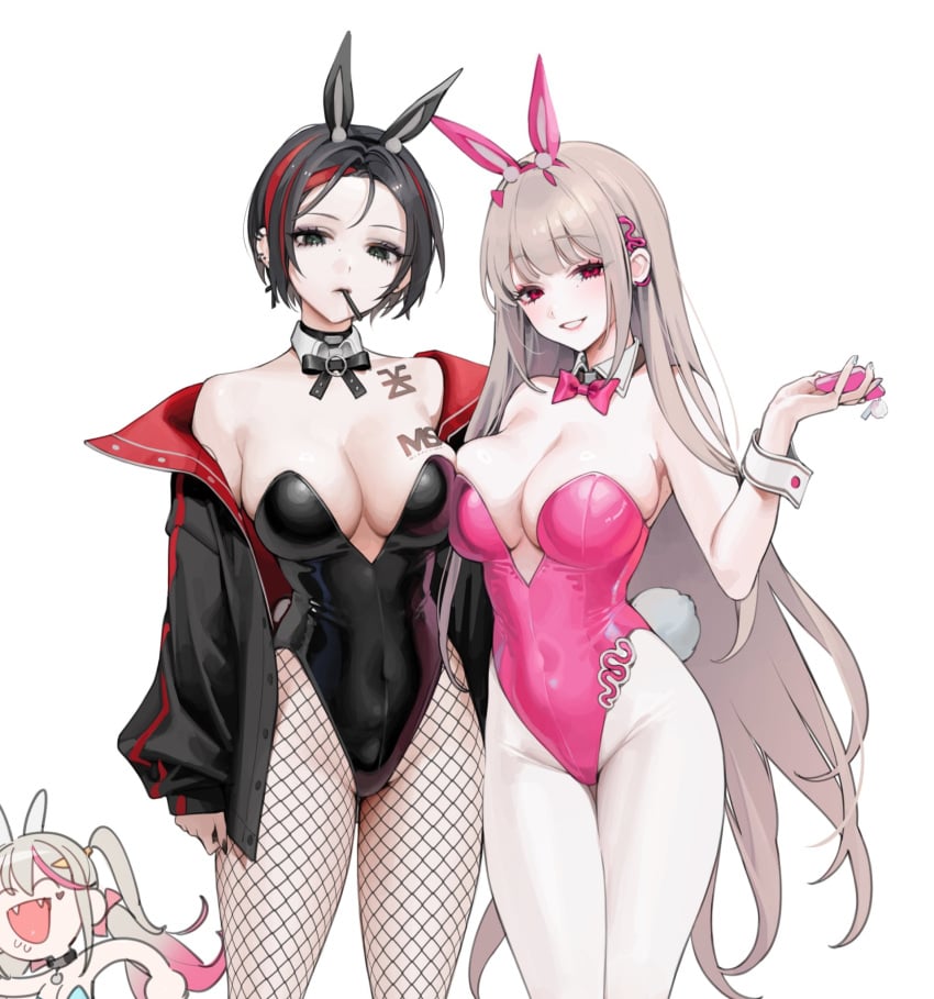 2020s 2023 3girls animal_ears black_eyes black_hair black_leotard blonde_hair bow bowtie breasts bunny_costume bunnysuit crow_(nikke) detached_collar ear_piercing female fishnets goddess_of_victory:_nikke hi_res highleg highleg_leotard jackal_(nikke) khorne_mark large_breasts leotard light-skinned_female light_skin long_hair looking_at_viewer mouth_hold multiple_girls ohisashiburi pantyhose piercing playboy_bunny rabbit_ears rabbit_tail red_eyes short_hair simple_background smile strapless strapless_leotard tail viper_(nikke) viper_(toxic_rabbit)_(nikke) white_background wrist_cuffs