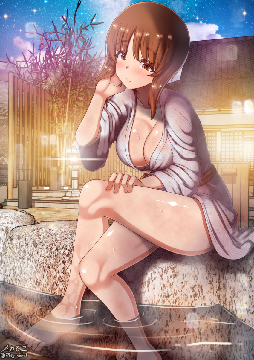 aquaegg blush breasts brown_eyes brown_hair cleavage closed_mouth female girls_und_panzer kimono large_breasts looking_at_viewer nishizumi_miho no_bra onsen outdoors short_hair smile solo