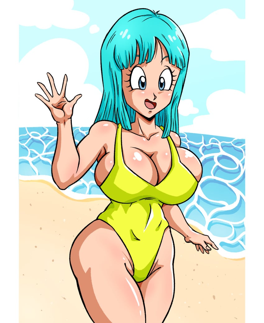 bathing_suit big_breasts blue_eyes blue_hair dragon_ball dragon_ball_z maron one-piece_swimsuit superspacewarrior toei_animation