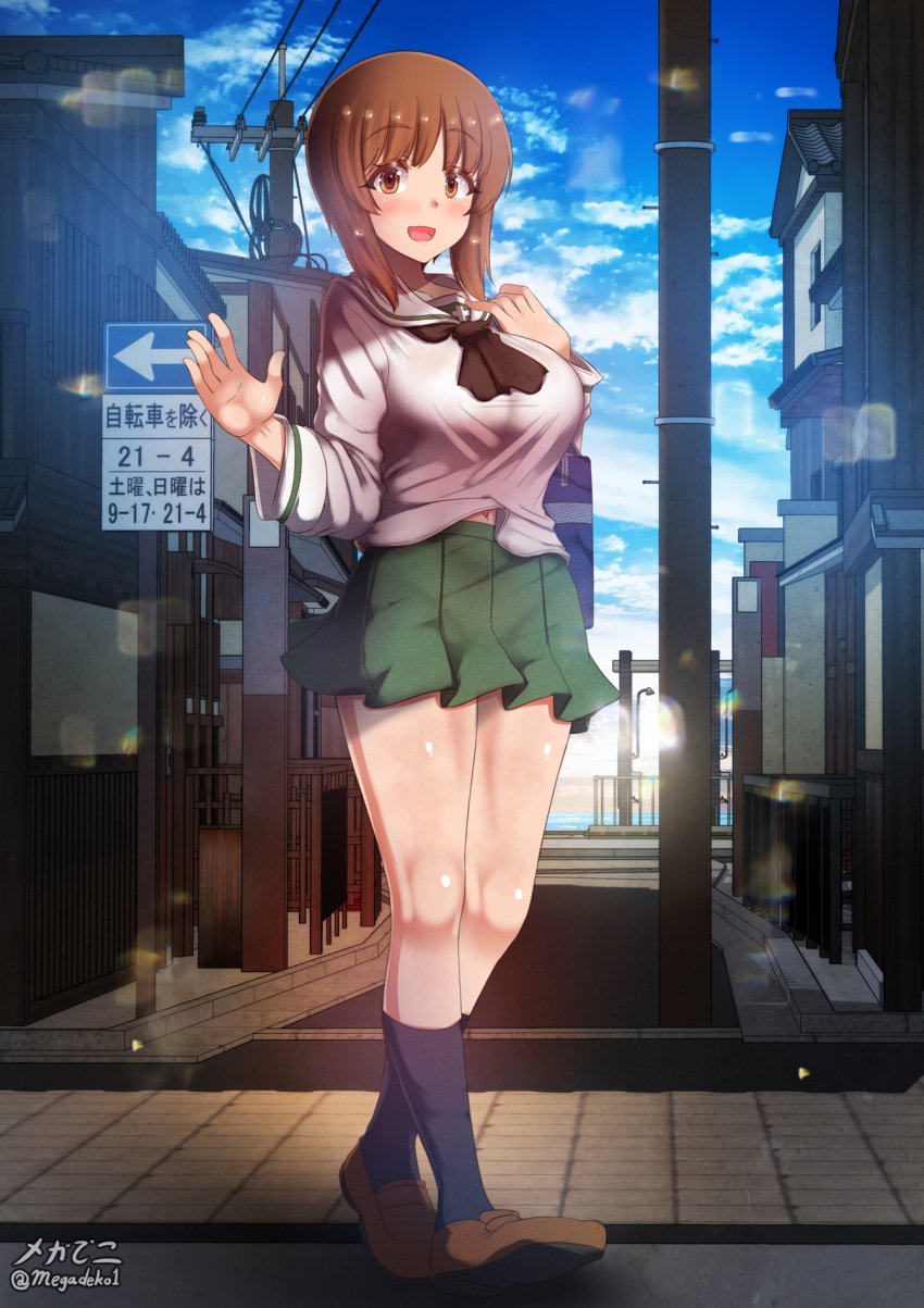 aquaegg blush breasts brown_eyes brown_hair female girls_und_panzer large_breasts looking_at_viewer miniskirt navel nishizumi_miho ooarai_school_uniform open_mouth outdoors school_uniform short_hair skirt sky smile solo