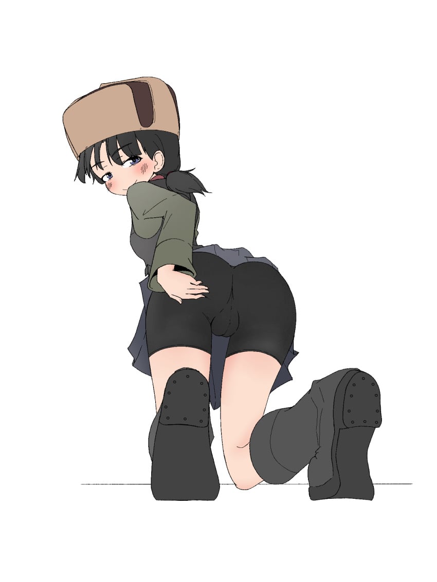 bike_shorts bike_shorts_under_skirt black_footwear black_hair black_shorts black_skirt black_vest blue_eyes blush boots brown_headwear closed_mouth female from_behind fur_hat girls_und_panzer green_jacket guropara half-closed_eyes hand_on_own_ass hat jacket kneeling long_sleeves looking_at_viewer looking_back low_twintails military_uniform miniskirt nina_(girls_und_panzer) pleated_skirt pravda_military_uniform short_hair short_twintails shorts simple_background skirt smile solo trefoil twintails uniform ushanka vest white_background