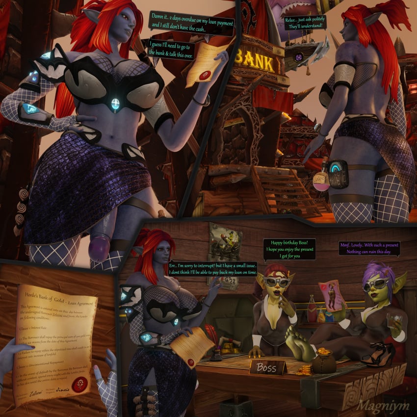 3d bank blue_skin debt feet futa_only futanari goblin goblin_female goblin_futanari green_skin magniym purple_eyes purple_hair red_eyes red_hair stockings troll_(warcraft) troll_female troll_futanari warcraft world_of_warcraft