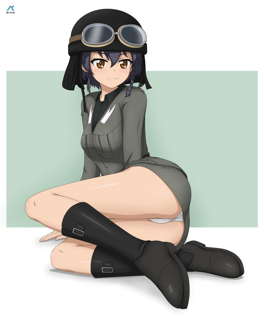 acrux ass blush breasts brown_eyes cameltoe closed_mouth female girls_und_panzer helmet military_uniform miniskirt on_side panties pepperoni_(girls_und_panzer) skirt small_breasts smile solo uniform white_panties