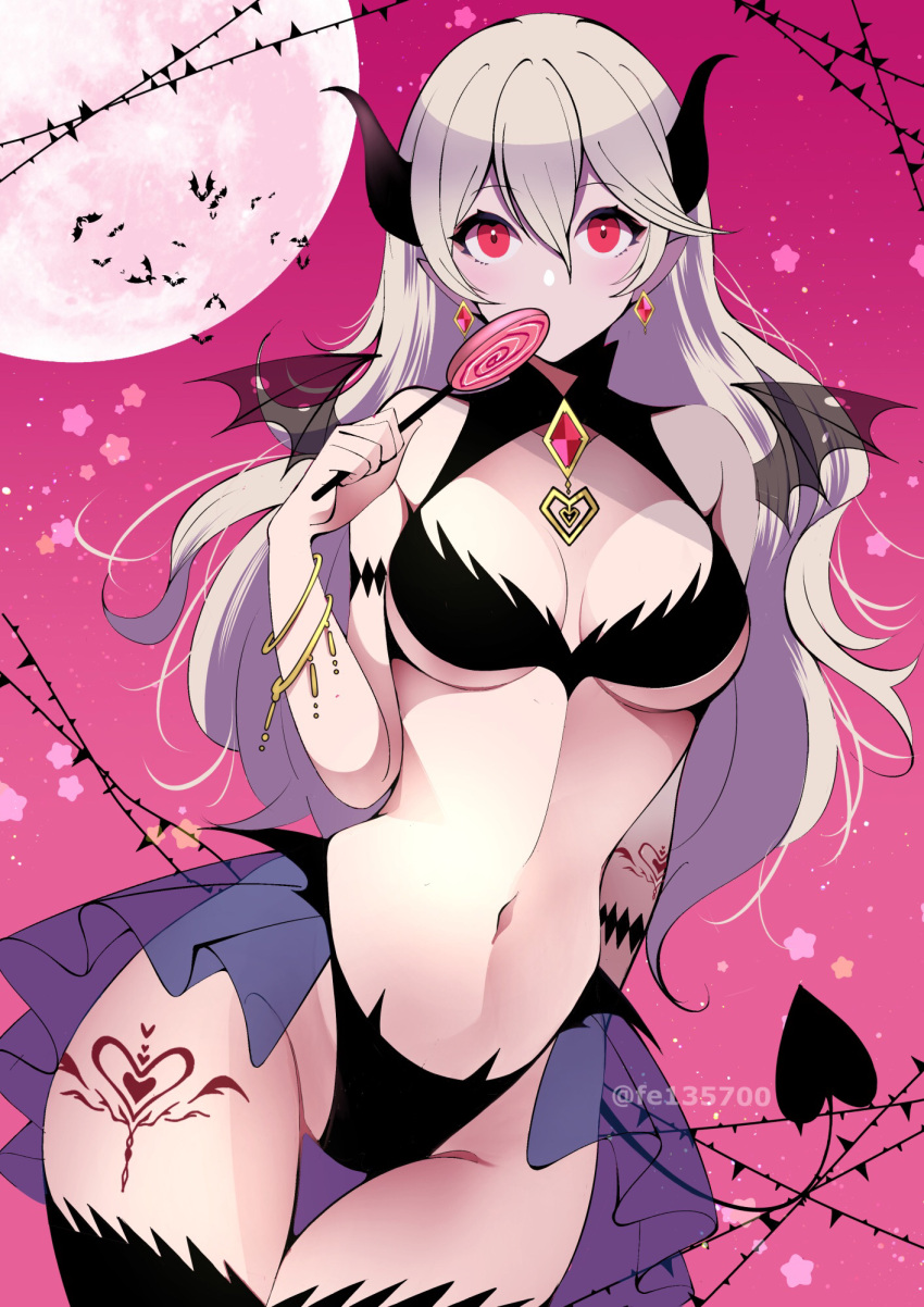 1girls alternate_costume breasts corrin_(fire_emblem) corrin_(fire_emblem)_(female) fe135700 female female_only fire_emblem fire_emblem_fates grey_hair halloween halloween_costume horns lollipop looking_at_viewer medium_breasts nintendo red_eyes solo succubus succubus_horns succubus_tail succubus_wings tail thigh_gap thighs wings