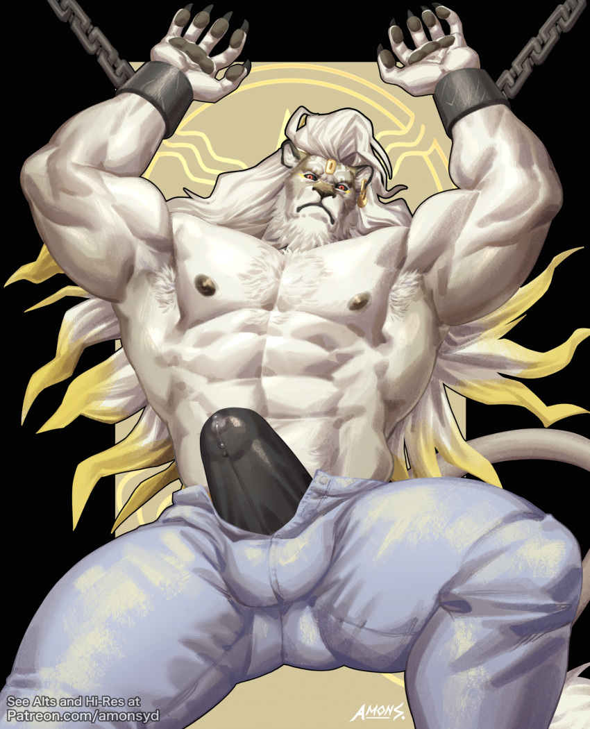 abs amon-sydonai anthro bodily_fluids bulge chained chains dislyte felid genital_fluids hi_res javid_(dislyte) leaking_precum lion male mammal muscular muscular_anthro muscular_male nipples pantherine pecs precum solo