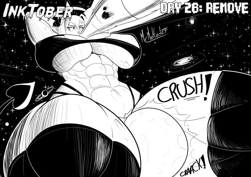 1girls abs between_thighs big_breasts black_and_white borrowed_character breasts busty earth female female_only giantess huge_breasts inktober large_breasts macro massive_thighs mrmelted object_between_thighs original planet planet_destruction solo sophia_(pectoriah) space succubus thick_thighs thunder_thighs wide_hips