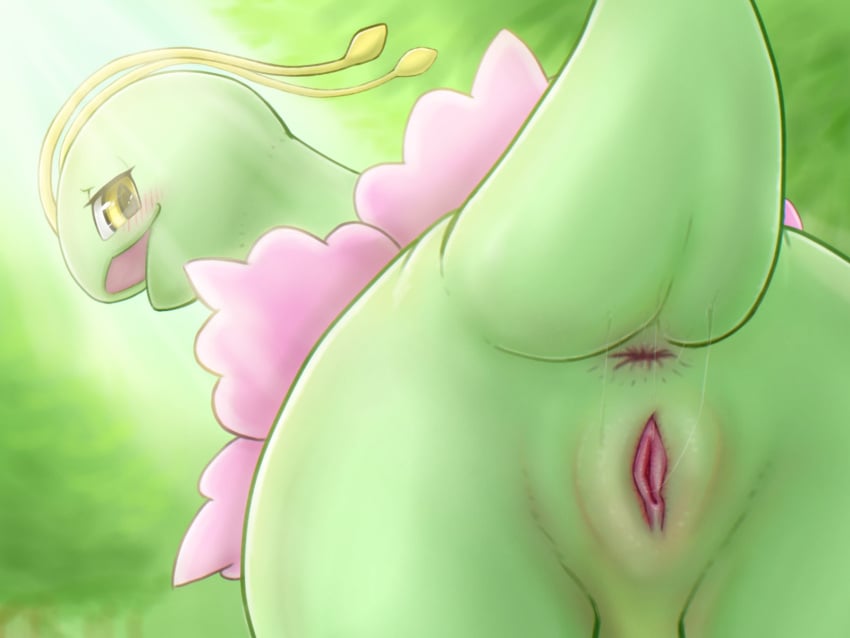 4:3 animal_genitalia animal_pussy antennae_(anatomy) anus aroused ass bedroom_eyes big_butt black_pupils blush blush_lines bodily_fluids butt_focus digital_media_(artwork) dinosaur elemental_creature female feral flora_fauna flower generation_2_pokemon genital_fluids genital_focus genitals green_body green_pussy hi_res k-dra61 looking_at_viewer looking_back looking_back_at_viewer meganium monotone_body narrowed_eyes nintendo nude open_mouth outside pink_flower pink_inner_pussy plant plump_labia pokemon pokemon_(species) presenting presenting_hindquarters presenting_pussy pupils pussy pussy_juice pussy_juice_on_tail pussy_juice_string quadruped raised_tail rear_view reptile sauropod scalie seductive solo tail yellow_eyes