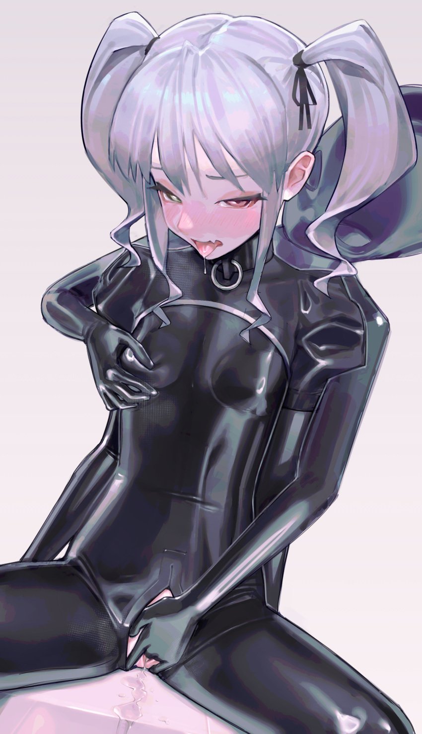 1other absurdres ambiguous_gender blush bodysuit breasts collar crotch_zipper drooling female fingering green_eyes grey_hair groping half-closed_eyes heterochromia highres juliet_sleeves latex latex_bodysuit long_sleeves metal_collar neon_(saaal653) oerba_yun_fang original pink_eyes puffy_sleeves pussy_juice saaal653 shiny_clothes shrug_(clothing) sitting skin_fang skin_tight small_breasts tongue tongue_out twintails zipper