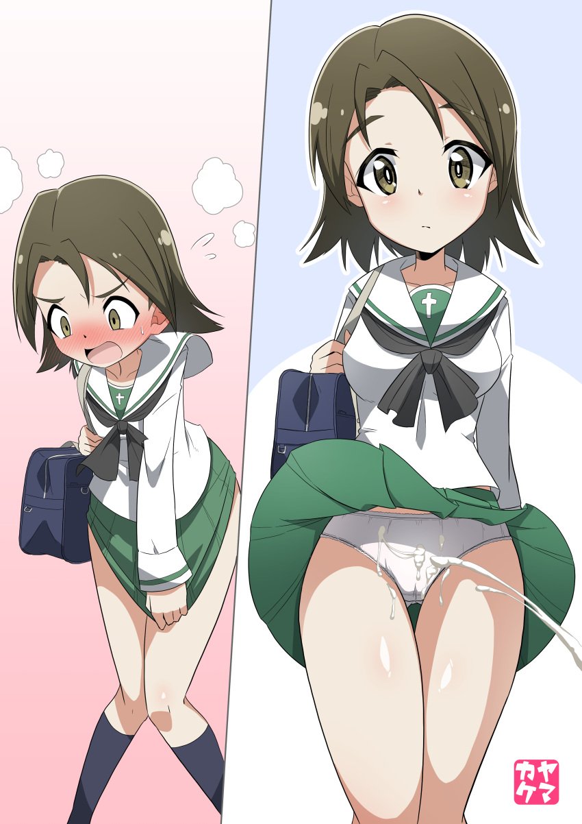 blush breasts brown_eyes brown_hair cameltoe cum ejaculation embarrassed female girls_und_panzer large_breasts looking_at_viewer ooarai_school_uniform panties sawa_azusa school_uniform short_hair white_panties yamakake_(tororo1293)