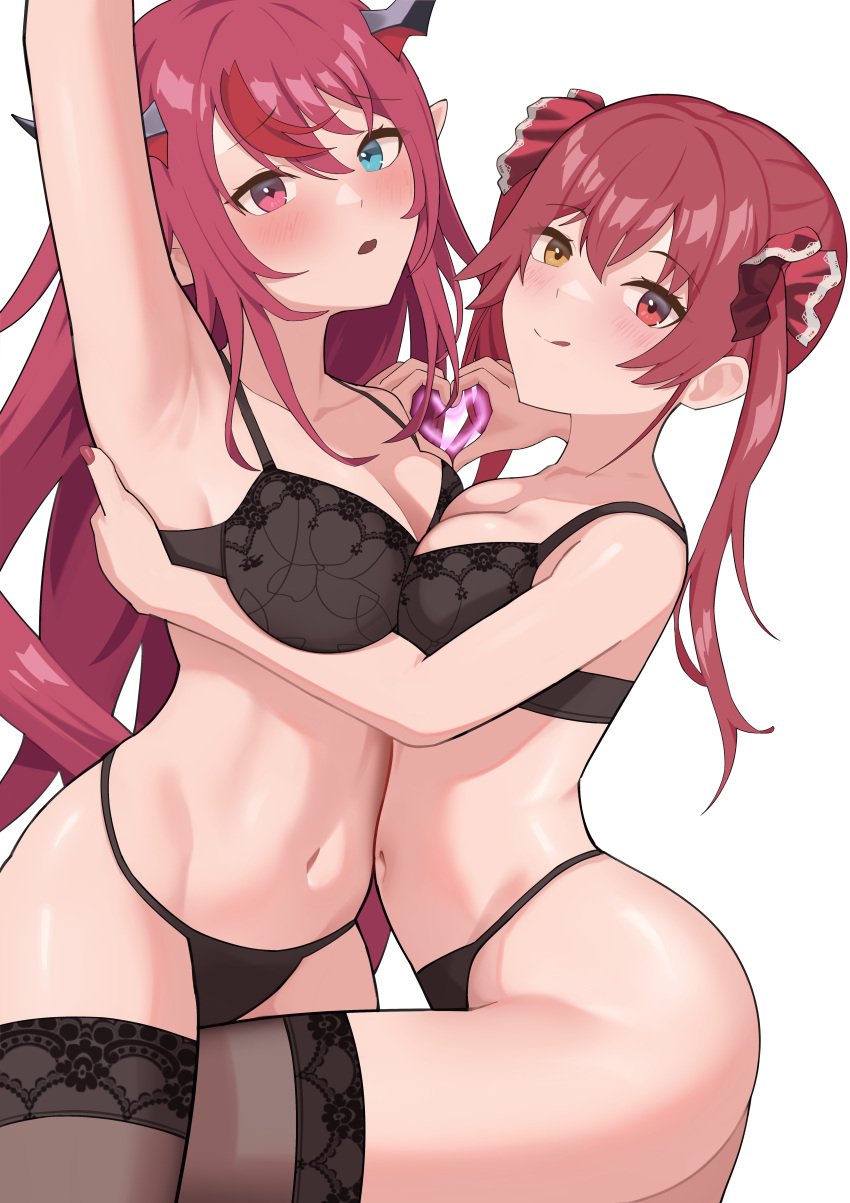 2girls absurdres armpits black_panties blue_eyes blush bra breasts cleavage heart heterochromia highres hololive hololive_english hololive_english_-promise- hololive_fantasy hololive_japan horns houshou_marine irys irys_(hololive) large_breasts lingerie long_hair looking_at_viewer multiple_girls navel open_mouth panties pointy_ears presenting_armpit red_eyes red_hair shift_(shiftillust) smile stomach thighhighs underwear virtual_youtuber yellow_eyes