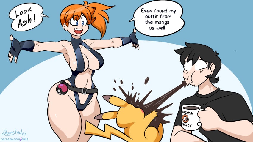 1boy 1boy1girl 1girls aged_up alternate_version_at_source alternate_version_available artist_name ash's_pikachu ash_ketchum awooga big_ass big_breasts breaking_the_fourth_wall bursting_clothes coffee comedy crop_top denial dialogue fat_ass female fit_female funny funny_face gunshad humor kasumi_(pokemon) male misty_(pokemon) nearly_nude oblivious patreon_username pikachu pokemon ponytail satoshi_(pokemon) spilling_out spit-take spitting_drink suspenders t-shirt tagme the_electric_tale_of_pikachu tight_clothing toned_female toned_male voluptuous voluptuous_female wide_hips