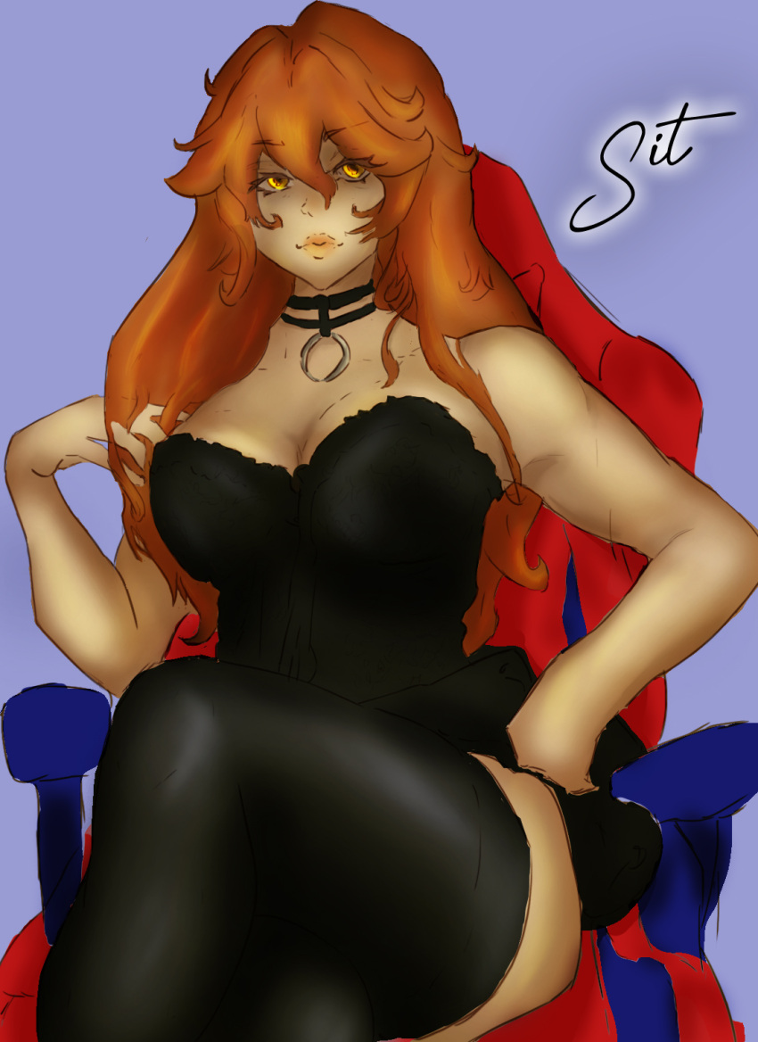 black_clothing choker corset corset_bra lipstick long_hair orange_eyes red_hair sitris sitting_on_chair thick_thighs