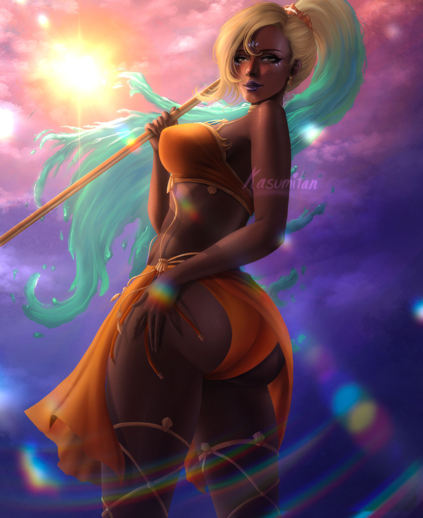 1girl 1girls ass_focus big_ass big_breasts big_butt blonde_female blonde_hair blonde_hair_female blue_hair blue_hair_female butt_focus dark-skinned_female dark_skin female green_eyes green_eyes_female high_res high_resolution highres kasumitan league_of_legends lipstick multicolored_hair nidalee ocean_song_nidalee orange_panties panties pool_party_series purple_lipstick riot_games smile solo solo_female solo_focus sun sunlight sunlight_rays underwear