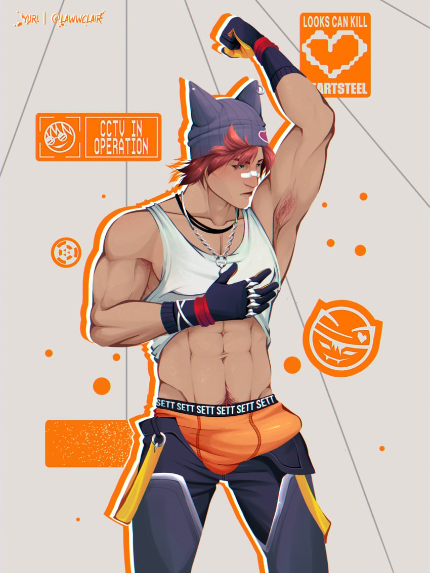 armpit_hair armpits arms_up bulge bulge_through_clothing furry_ears gloves green_eyes heartsteel_series heartsteel_sett lawwclair league_of_legends male male_only orange_underwear pants_down red_fur red_hair sett six_pack sniffing solo_male tan_body underwear white_shirt