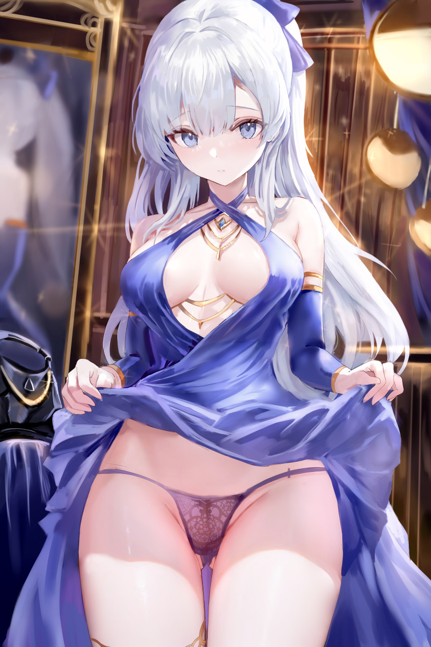 1girls absurdres age_fx argus_(azur_lane) argus_(cerulean_enthrallment)_(azur_lane) azur_lane blue_dress blue_hair bow breasts center_opening cleavage clothes_lift criss-cross_halter detached_sleeves dress female hairbow halter_dress halterneck highres jewelry lace lace-trimmed_panties lace_trim lifted_by_self light-skinned_female light_blue_hair light_skin long_dress long_hair medium_breasts mirror official_alternate_costume panties pantyshot ponytail royal_navy_(azur_lane) skirt skirt_lift underwear