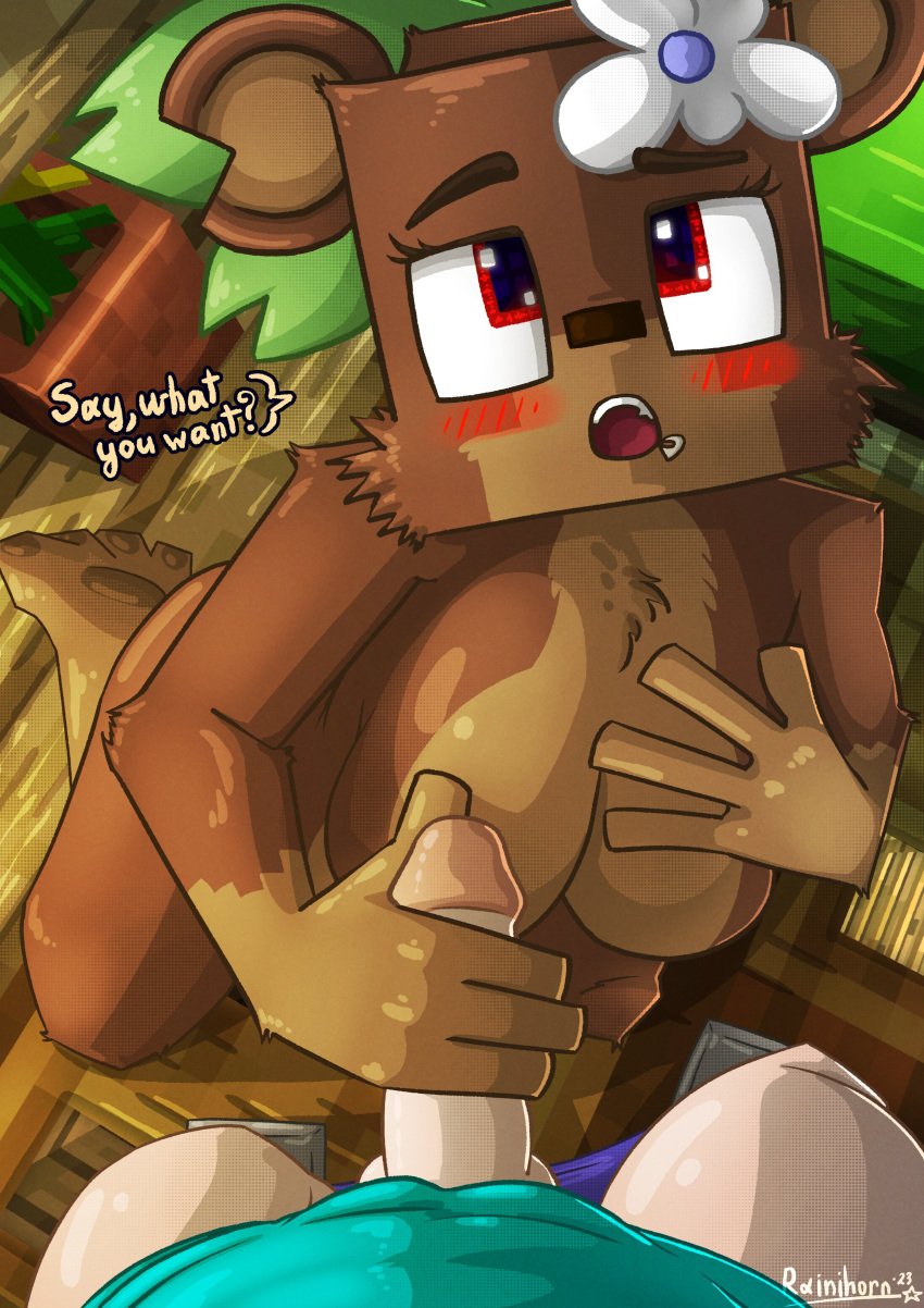 1boy 1girls 2d anthro bear_ears bear_girl bedroom bia_prowell_(slipperyt) brown_fur brown_skin clothed_male english_text erect_penis female flower_in_hair furry handjob horny_female human_male humanoid humanoid_penis living_plushie looking_at_partner looking_up male minecraft no_panties nude_female open_mouth outside plushie plushophilia rainihorn red_eyes sex steve_(minecraft) tagme talking teddy_bear text you