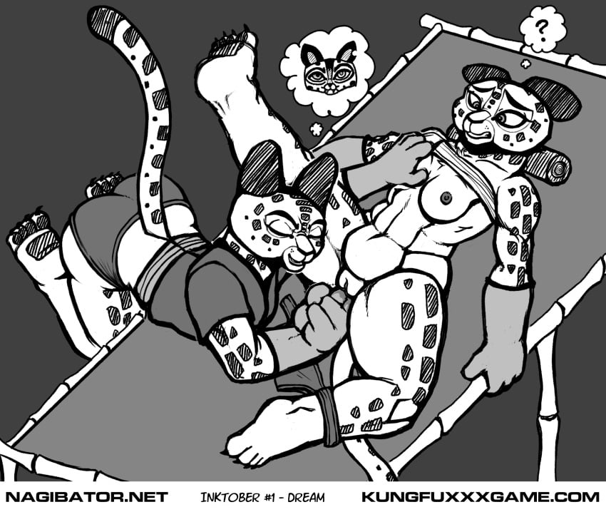 anthro bed bottomless breast_squeeze breasts chest_wraps clothed clothing clothing_around_one_leg confusion dream dreamworks duo felid female female/female finger_fuck fingering forced furniture gloves handwear hi_res inktober kung_fu_panda kung_fu_panda_legends_of_awesomeness ladies_of_the_shade mammal markings nagibator nickelodeon pantherine panties panties_around_one_leg panties_down partially_clothed question_mark questionable_consent sex sleep_sex sleeping snow_leopard song_(kung_fu_panda) spots spotted_markings su_wu text thought_bubble underwear underwear_around_one_leg underwear_down url vaginal_penetration wraps