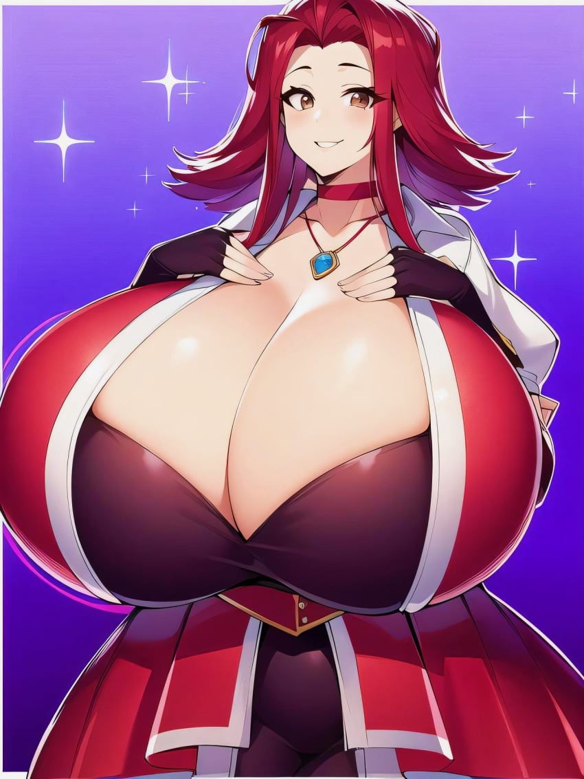 1female 1girls ai_generated akiza_izinski arm_sleeves bell_haircut big_breasts brown_eyes bust busty choker cleavage closed_smile curvaceous curvy curvy_female dress happy_female hi_res huge_breasts huge_tits izayoi_aki massive_breasts milf necklace purple_background red_hair smile smiling thick_bell upwing_bell voluptuous voluptuous_female yu-gi-oh! yu-gi-oh!_5d's