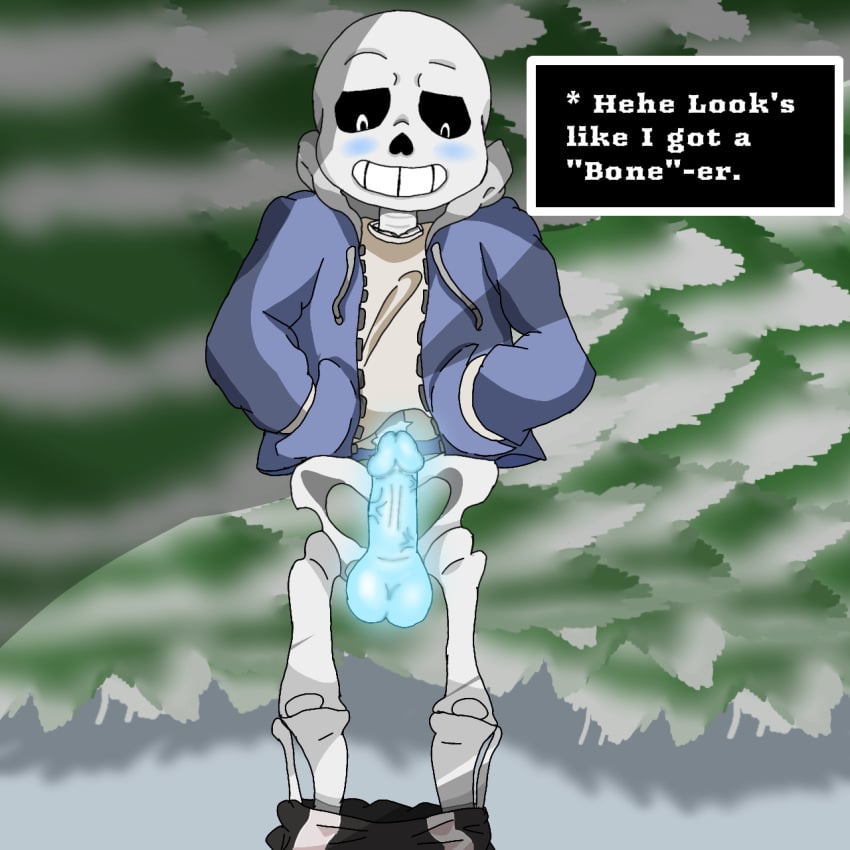 1boy animated_skeleton blue_balls blue_blush blue_penis blush blushing dialogue ectopenis english_text gay hands_in_pockets hooded_jacket hoodie huge_balls jacket jokes male male_only monster pants pants_around_legs pants_down penis sans sans_(undertale) skeleton text trees undead undertale undertale_(series)