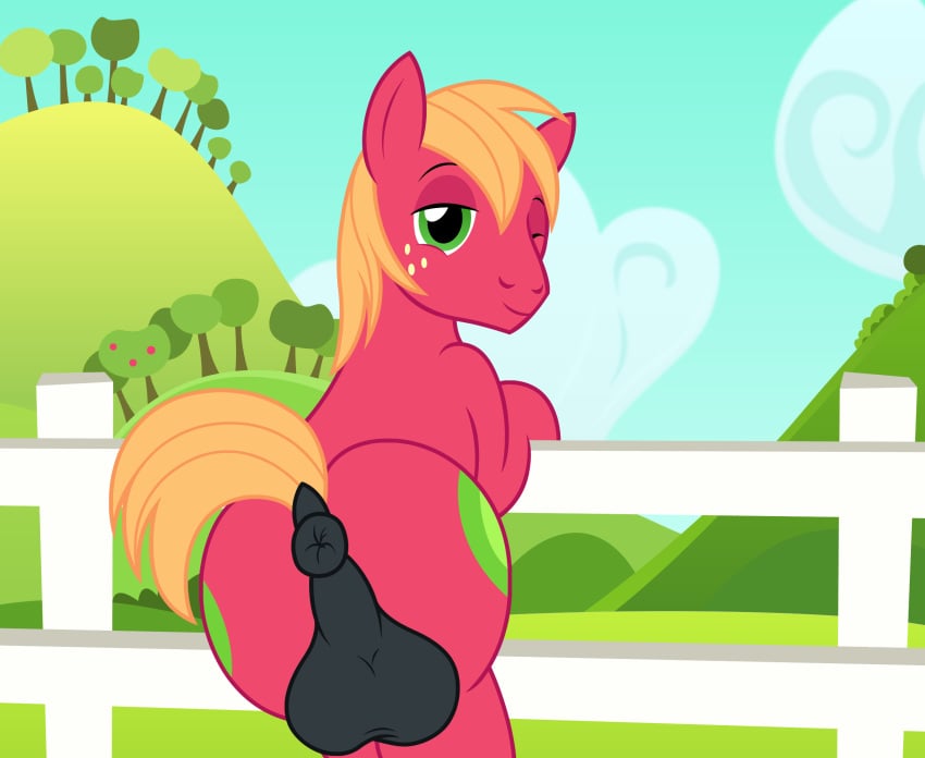 anus backsack badumsquish balls big_macintosh_(mlp) earth_pony equid equine fence feral freckles friendship_is_magic fur genitals green_eyes hasbro hi_res hill horse leaning male male_focus male_only mammal my_little_pony one_eye_closed plant pony puffy_anus quadruped red_body red_fur tree wink