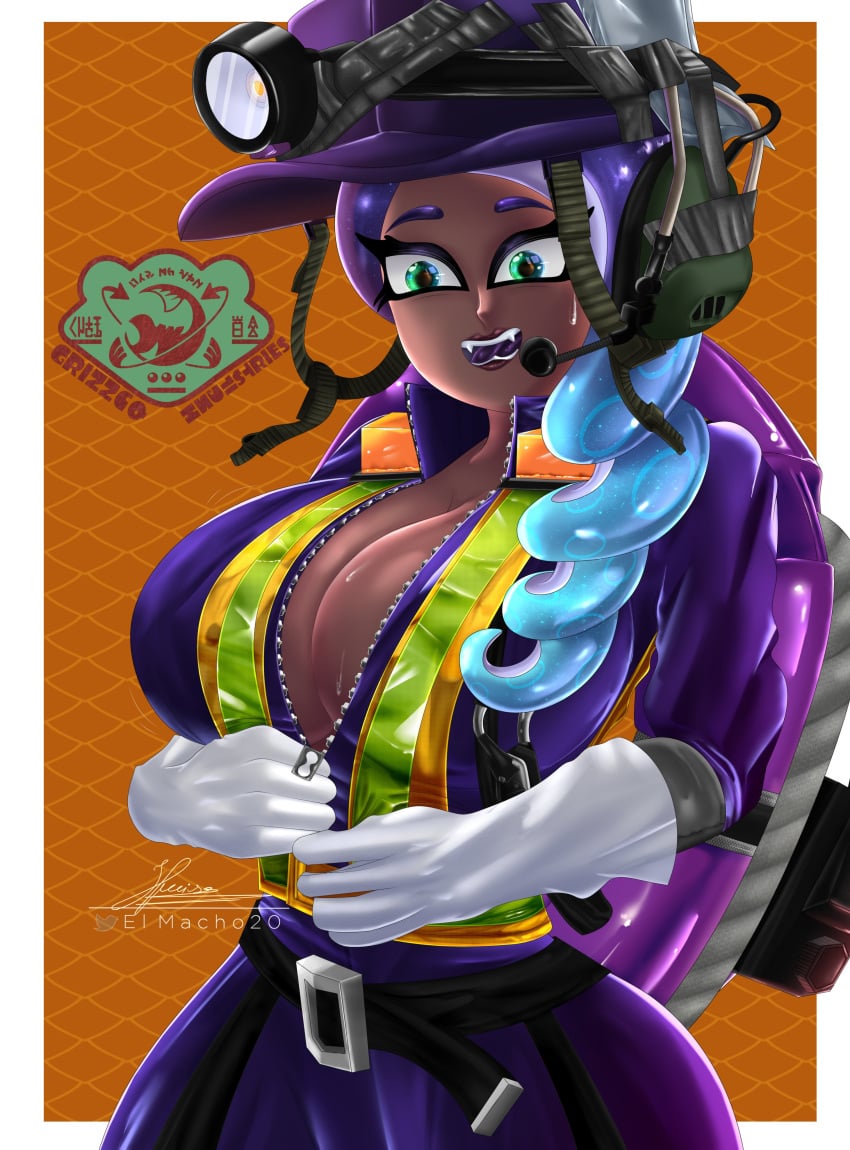 1girls big_breasts bodysuit breasts cleavage clothed clothing commission curly_hair dark-skinned_female dark_skin el_macho_20 female female_only gloves helmet hourglass_figure huge_breasts lipstick looking_down octoling octoling_girl original_character salmon_run splatoon wide_hips zinnia_the_octoling zipper zipper_pull_tab