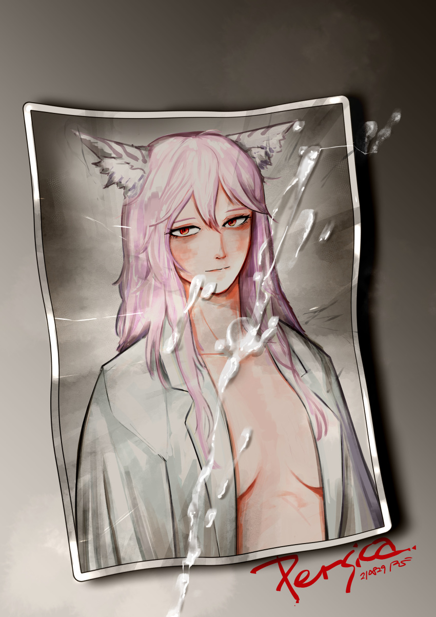 absurdres animal_ears bags_under_eyes blush breasts breasts_apart cat_ears cat_girl character_name closed_mouth coat commentary cum cum_on_photo cum_on_picture cum_tribute dated english_commentary female girls'_frontline hair_between_eyes highres lab_coat long_hair long_sleeves looking_at_viewer medium_breasts naked_labcoat open_clothes open_coat persica_(girls'_frontline) photo_(object) pink_hair radish_p red_eyes signature simple_background smile solo upper_body