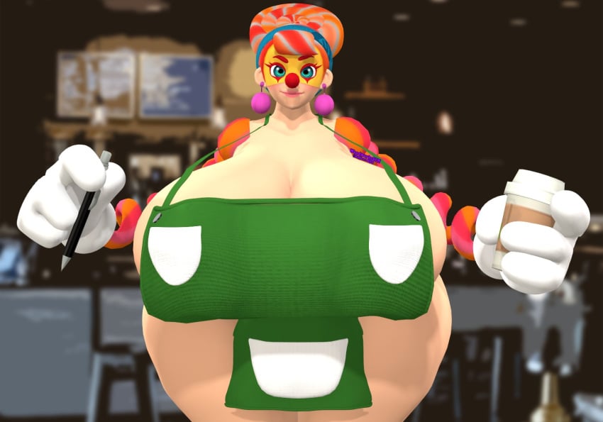 1girls 2021 3d 3d_(artwork) apron arms arms_(game) big_breasts big_thighs breasts clown clown_girl clown_makeup clown_nose coffee coffee_cup coffee_mug ear_piercing earrings female gigantic_breasts gloves green_eyes huge_breasts huge_thighs iced_latte_with_breast_milk large_breasts large_thighs lola_pop milk nintendo oakensfm orange_hair pink_lips pink_lipstick shiny_breasts shiny_hair shiny_skin thick_thighs thighs white_gloves white_skin woodworksfm