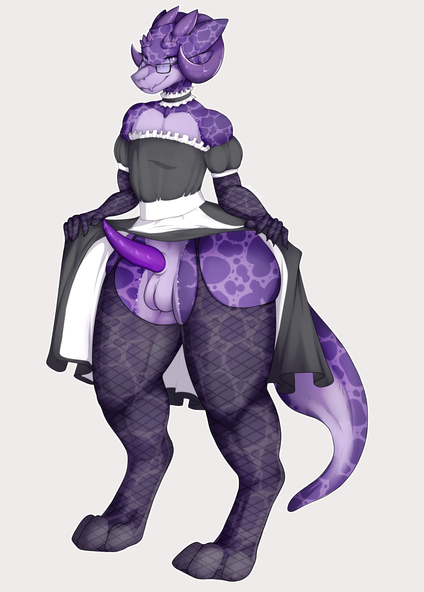 absurd_res anthro balls biped clothed clothing crossdressing eyewear genitals girly glasses hi_res horn kobold legwear maid_uniform male miphassl penis purple_body purple_lust_(2dt) purple_penis purple_scales reptile scales scalie solo stockings tail tapering_penis thick_thighs uniform