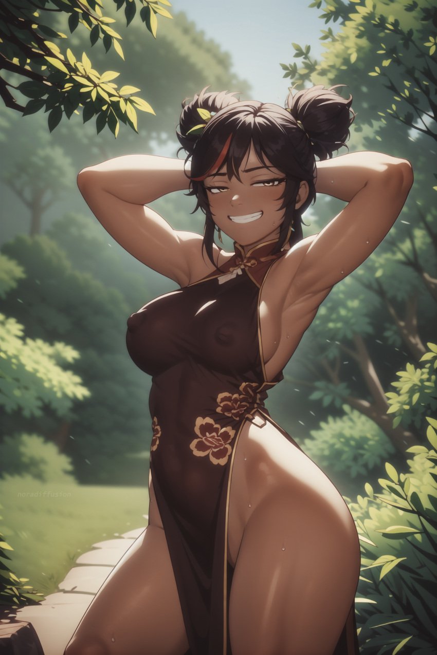 1girl 1girls acl_noraai ai_generated alternate_costume armpits arms_behind_head arms_up artist_name brown_eyes china_dress covered_nipples dark-skinned_female dark_hair dark_skin double_bun female fog forest genshin_impact grin half-closed_eyes looking_at_viewer medium_breasts muscles nipple_bulge no_panties outdoors pelvic_curtain puffy_nipples seductive sidelocks skin_tight sleeveless sleeveless_dress smile smug_grin solo sweat teeth thick_thighs watermark wide_hips wind xinyan_(genshin_impact)