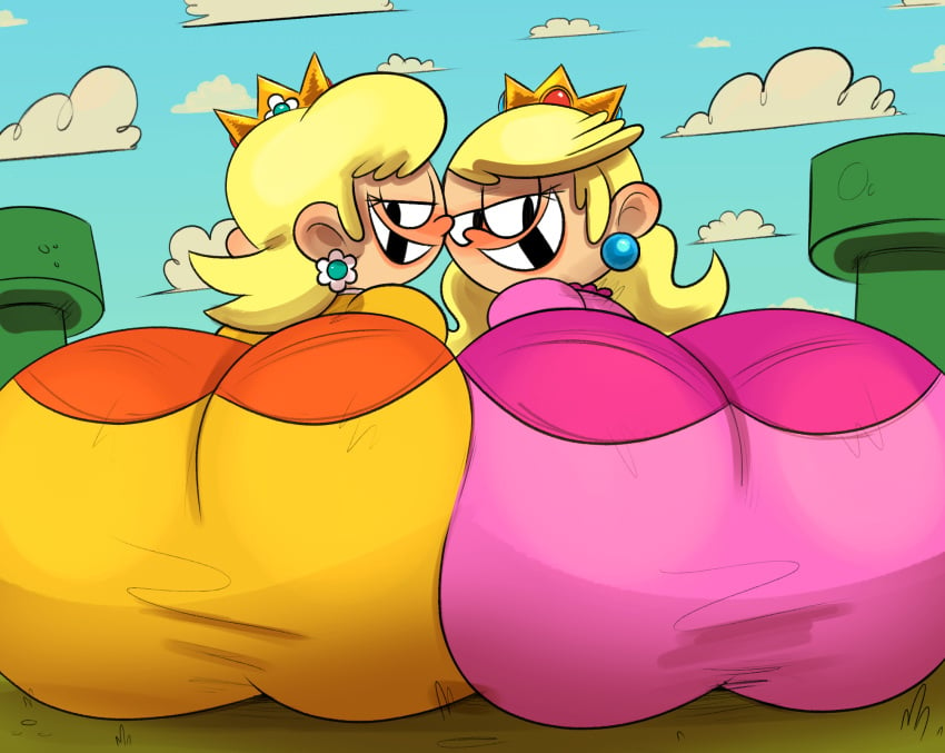 2girls ass ass_focus big_ass big_butt blonde_hair bubble_ass bubble_butt crossover crossover_cosplay crown dat_ass dumptruck_ass gold_crown huge_ass huge_butt lana_loud large_ass light_body light_skin lola_loud long_hair looking_at_viewer mario_(series) missing_tooth nickelodeon nintendo orange_clothing orange_dress ota_(artist) outdoors outside pawg pink_clothing pink_dress pipes princess princess_daisy_(cosplay) princess_peach_(cosplay) short_hair smile smiling_at_viewer super_mario_bros. the_loud_house tooth_gap